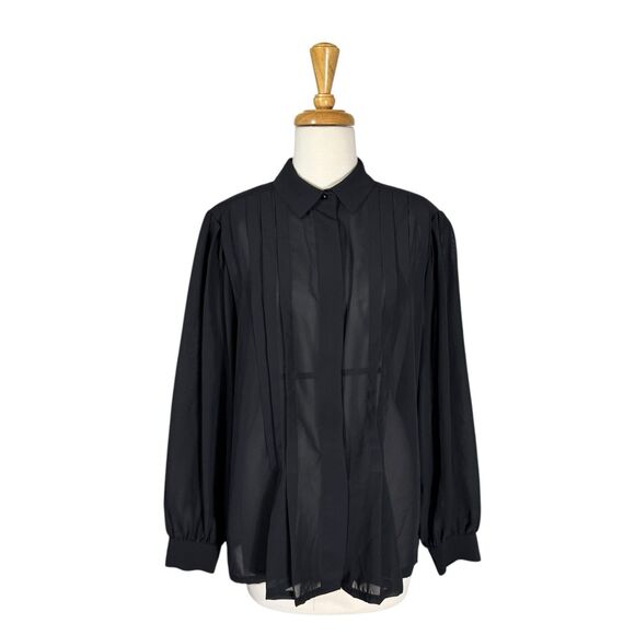 LA BLOUSE Vintage Plus 20W Black Pleated Button Down - Picture 1 of 5